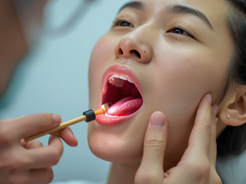 patient having a sore throat examined by a physician.