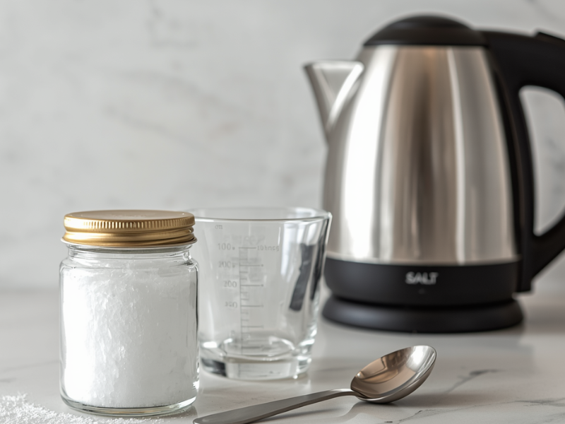 A jar of salt sitting on a counter with a glass, a measuring spoon and an electric tea kettle.