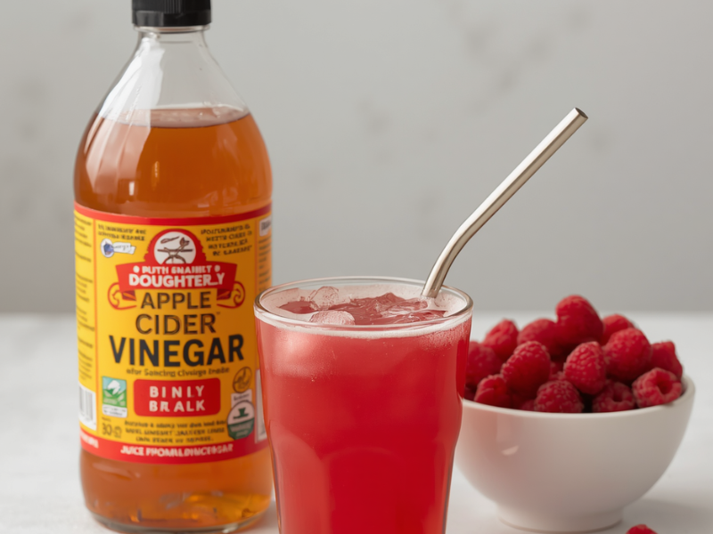 A bottle of apple cider vinegar sits on a counter with a raspberry vinegar shrub in a juice glass with a metal straw and next to a bowl of raspberries.