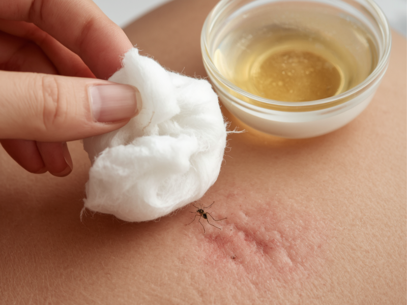 Vinegar for Bee Stings and Bites: Does It Really Help? dabbing diluted liquid on a small mosquito bite on an arm with a cotton ball.