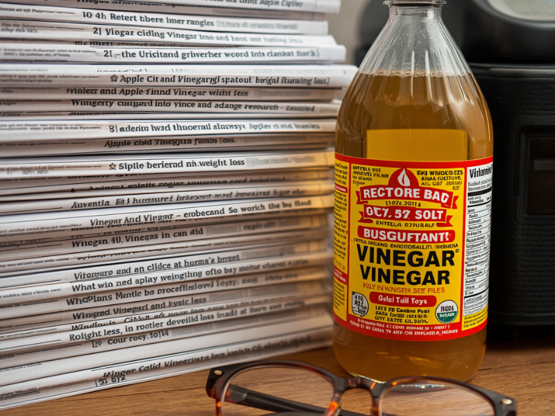a stack of research studies sitting on a desk with a bottle of apple cider vinegar and reading glasses.
