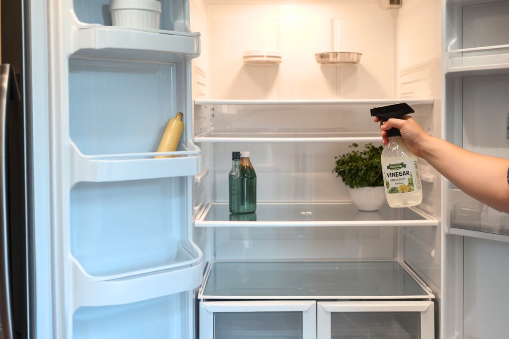 Hand with cloth wiping a fridge shelf or door bin, spray bottle nearby to portray a person cleaning fridge shelves with a vinegar and water solution. 