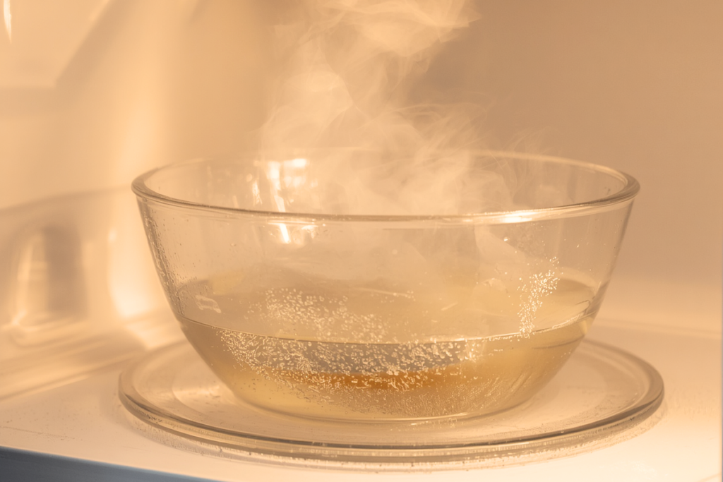 atv cleaning microwave bowlMicrowave‑safe bowl with vinegar and water seen inside a microwave through a glass door with visible steam/condensation to portray vinegar and water steaming in a microwave to loosen food splatters.