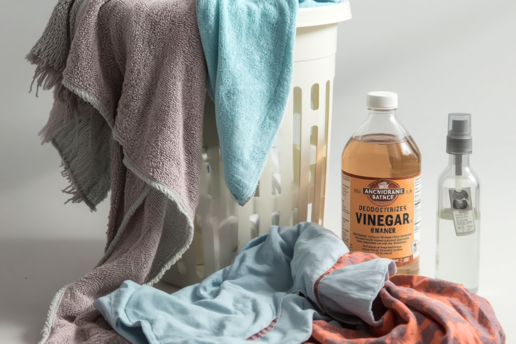 Damp towel and crumpled gym clothing like shorts and sports bras tossed near a laundry basket to signify Deodorizing musty summer towels and gym clothes with a vinegar laundry rinse 