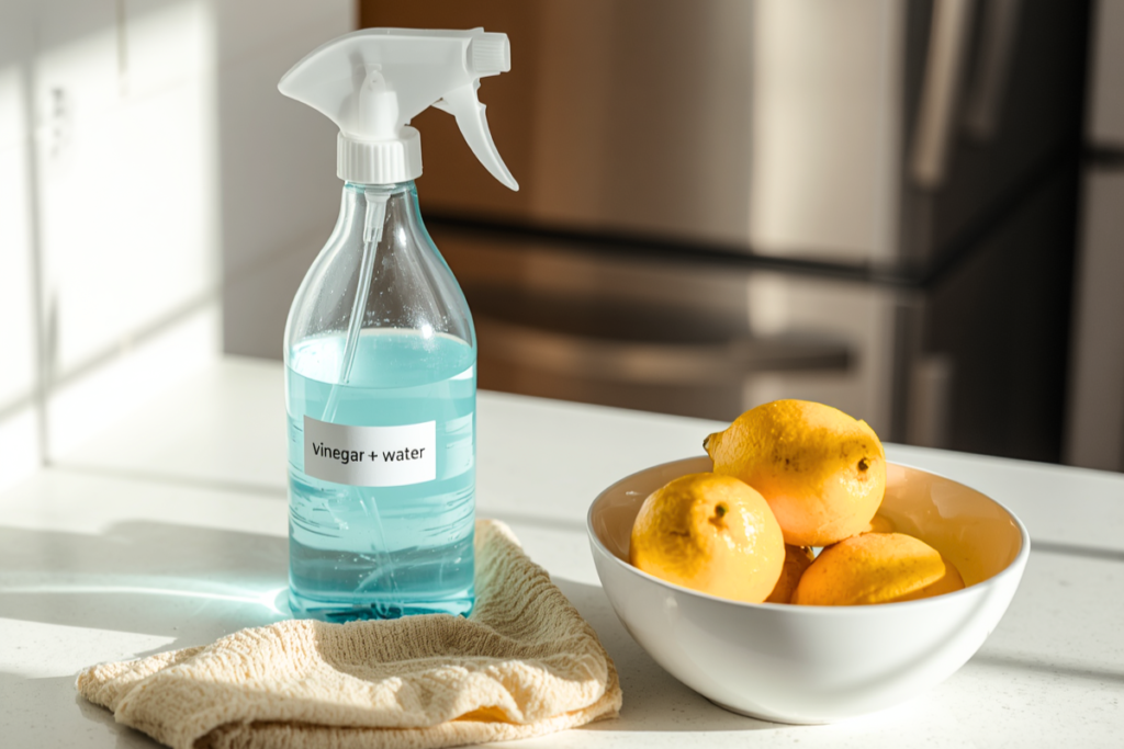 Clean, sunlit kitchen counter with a spray bottle labeled “vinegar + water,” a bowl of baking soda, and maybe a lemon; trash can or fridge corner visible in background to portray a summer kitchen cleaning with a vinegar routine 