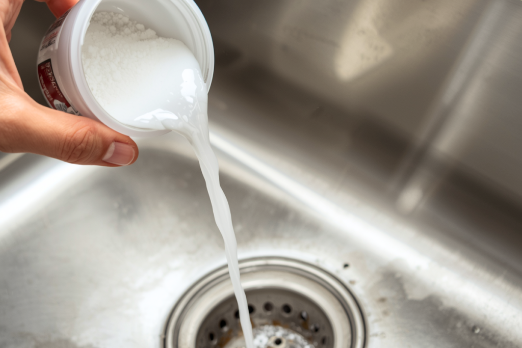 Baking soda and vinegar mixture being poured into a sink drain and just beginning to fizz as a person using baking soda and vinegar to freshen a kitchen sink