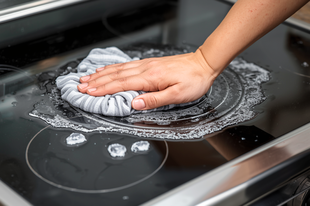 Glass or stainless stove surface mid‑wipe, with light foaming from vinegar + baking soda to portray a person wiping a greasy stovetop with a vinegar degreaser and baking soda.