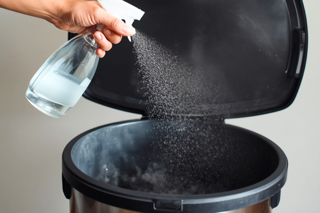 Open trash can being sprayed with vinegar solution, baking soda sprinkled at the bottom to portray a person Deodorizing a kitchen trash can with vinegar spray and baking soda.