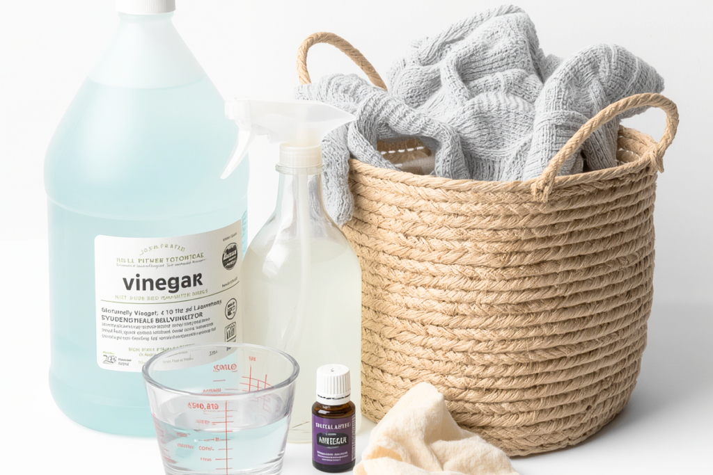 Vinegar jug, spray bottle, measuring cup, essential oil bottle, microfiber cloth, and small laundry basket arranged together to signify Simple toolkit for deodorizing summer laundry and household odors with vinegar.