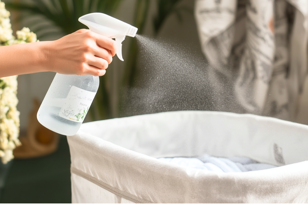 Spray bottle  lightly misting over a fabric laundry hamper  to signify Light vinegar fabric spray to freshen laundry hampers and summer rugs.