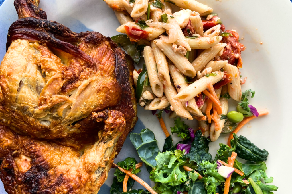 acv-acvmarinatedchicken-acv-enhanced pasta salad and kale salad with acv viniagrette