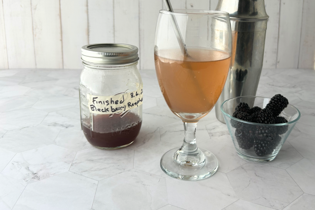 A blackberry/raspberry shrub in a jar and in a glass mixed with sparkling water and a metal straw and small bowl of fresh blackberries.