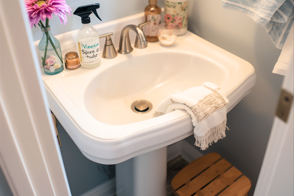 Simple vinegar cleaning setup on a kids’ or guest bathroom sink with spray bottle and towel