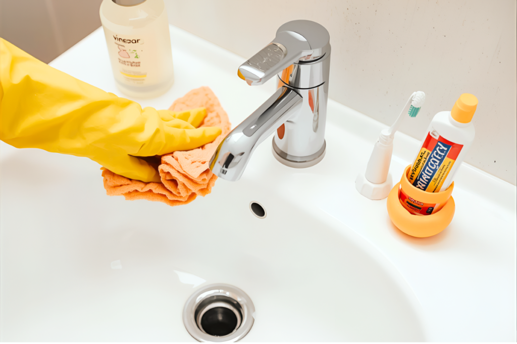 Rubber-gloved hand wiping around a kids bathroom faucet and drain on a sink with a cloth, a spray bottle nearby on a sink that has a child's toothbrush in a holder and kid-friendly toothpaste to portray cleaning kids’ bathroom sink and faucet with a vinegar spray routine.