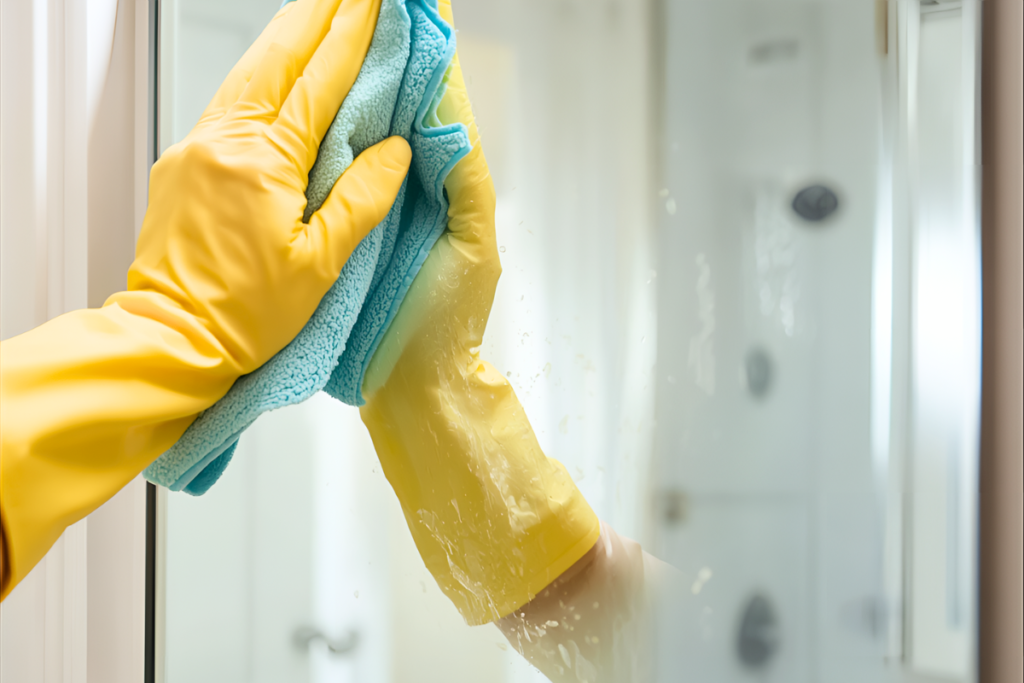 a rubber-gloved hand lightly wiping a mirror with a microfiber cloth and showing a clean mirror where cloth had wiped and smudges where cloth is going to clean and showing a small, bright bathroom to indicate a quick vinegar wipe of guest bathroom mirror and backsplash.