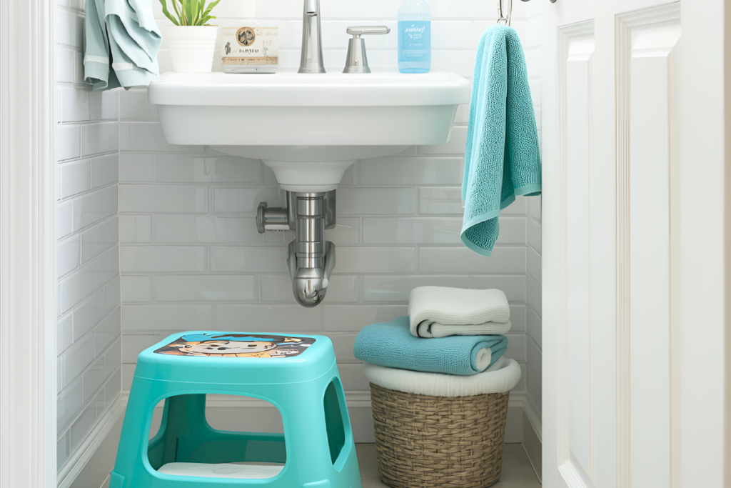 Kids' bathroom with stool and clean towels looking good after a vinegar cleaning