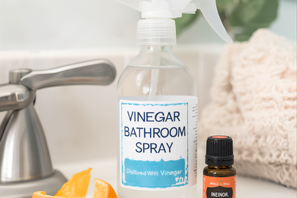 Close‑up of a clear spray bottle in a kids' bathroom labeled “vinegar bathroom spray,” next to a bottle of distilled white vinegar and a small essential oil bottle or citrus peel.
 to indicate a safe, healthy and pleasant smelling homemade vinegar bathroom spray with essential oil for kids’ and guest bathrooms.