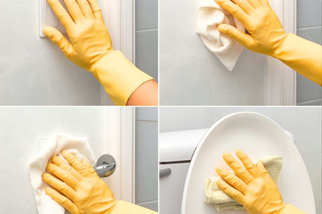 4 Close‑up shots in a grid with each shot a rubber-glove wearing hand cleaning  a different high-touch spots in a bathroom such as a light switch on a bathroom wall, with a cloth to indicate vinegar cleaning high touch bathroom spots
