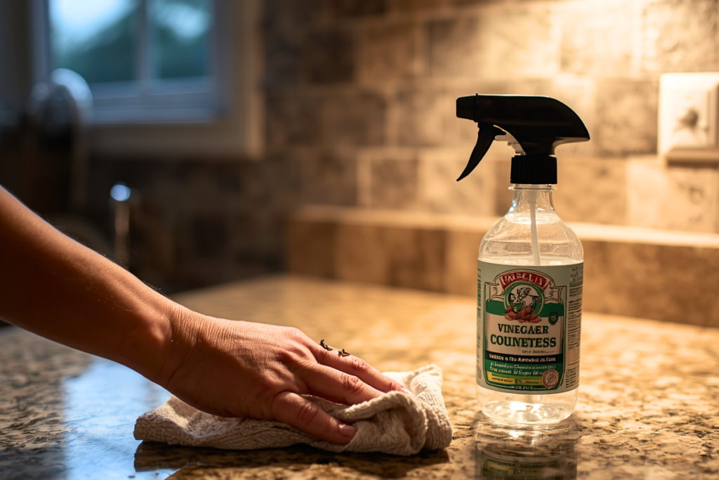 Hand wiping a countertop with a cloth; spray bottle visible Wiping kitchen counters with a nightly vinegar cleaning spray.
