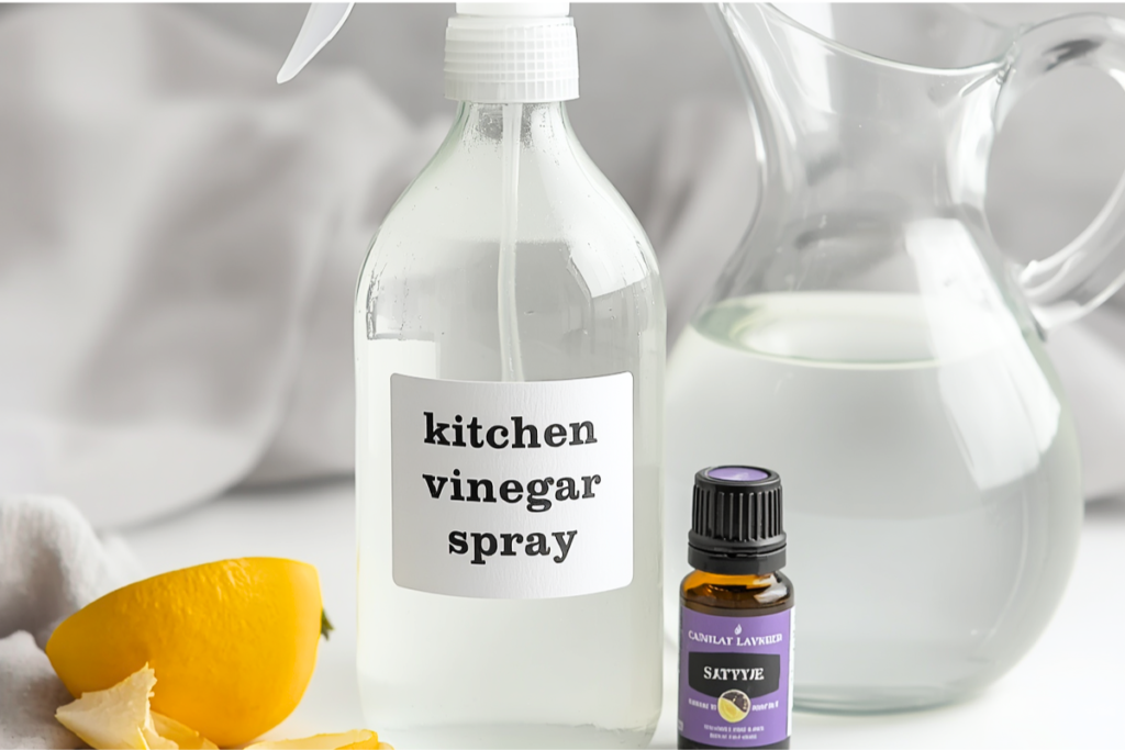 Homemade nightly kitchen vinegar cleaning spray with lemon peel.
