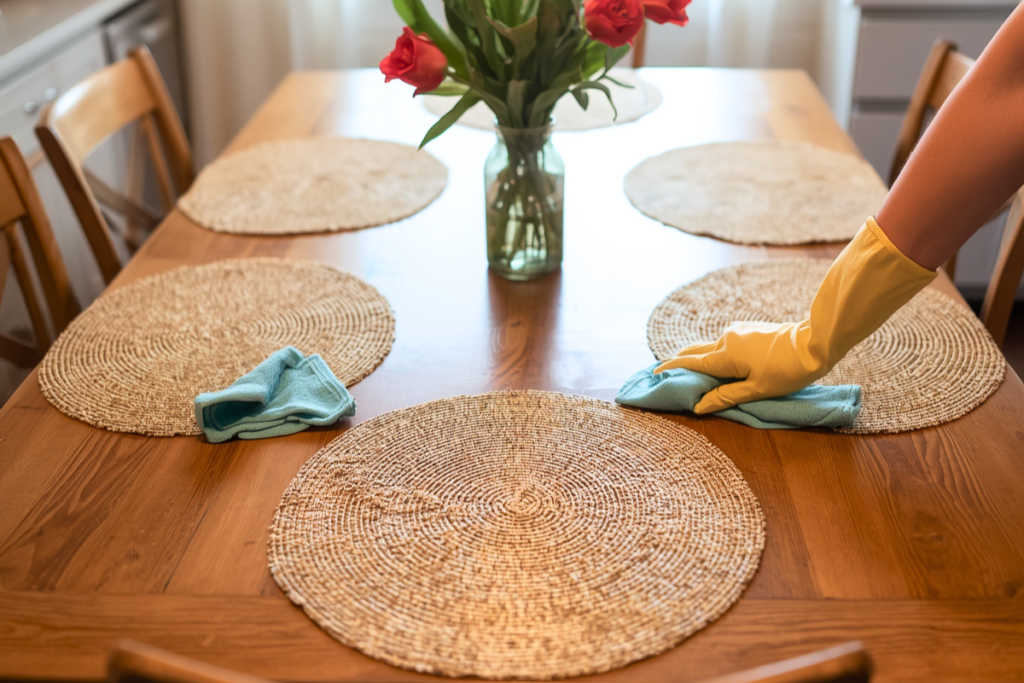 Nightly vinegar wipe‑down of a kitchen table to remove crumbs and rings
