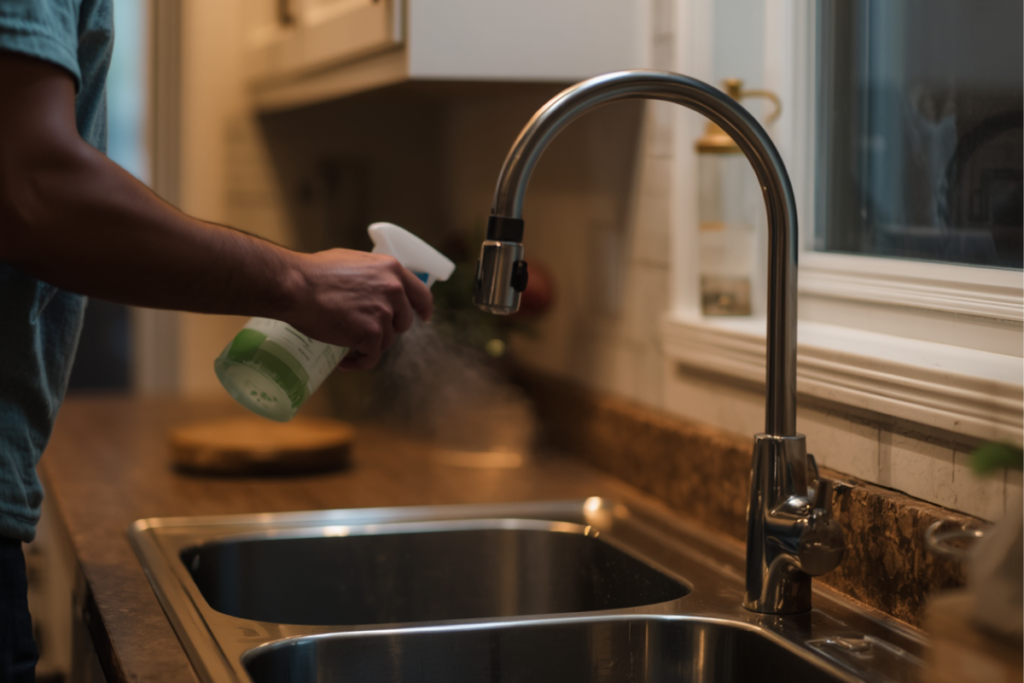 Person spraying and wiping around a stainless or enamel sink, faucet in frame to signify a quick nightly vinegar cleaning around the kitchen sink and faucet
