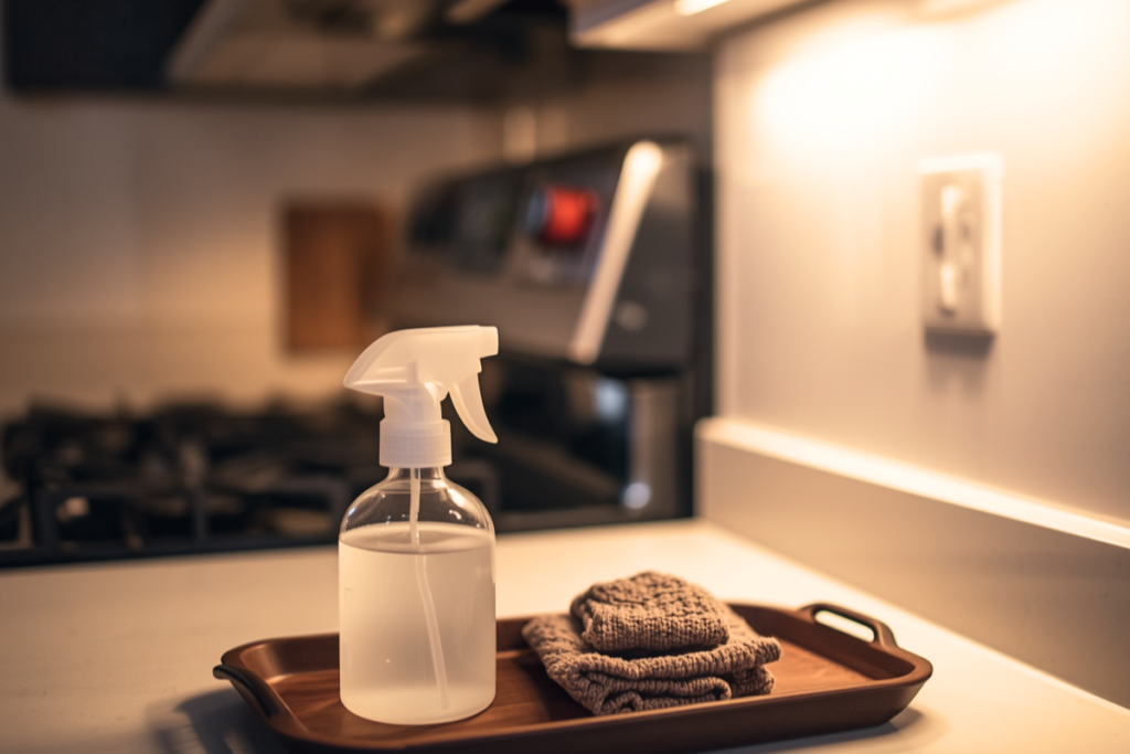 Glass spray bottle of kitchen vinegar cleaning solution with clothes in kitchen in evening