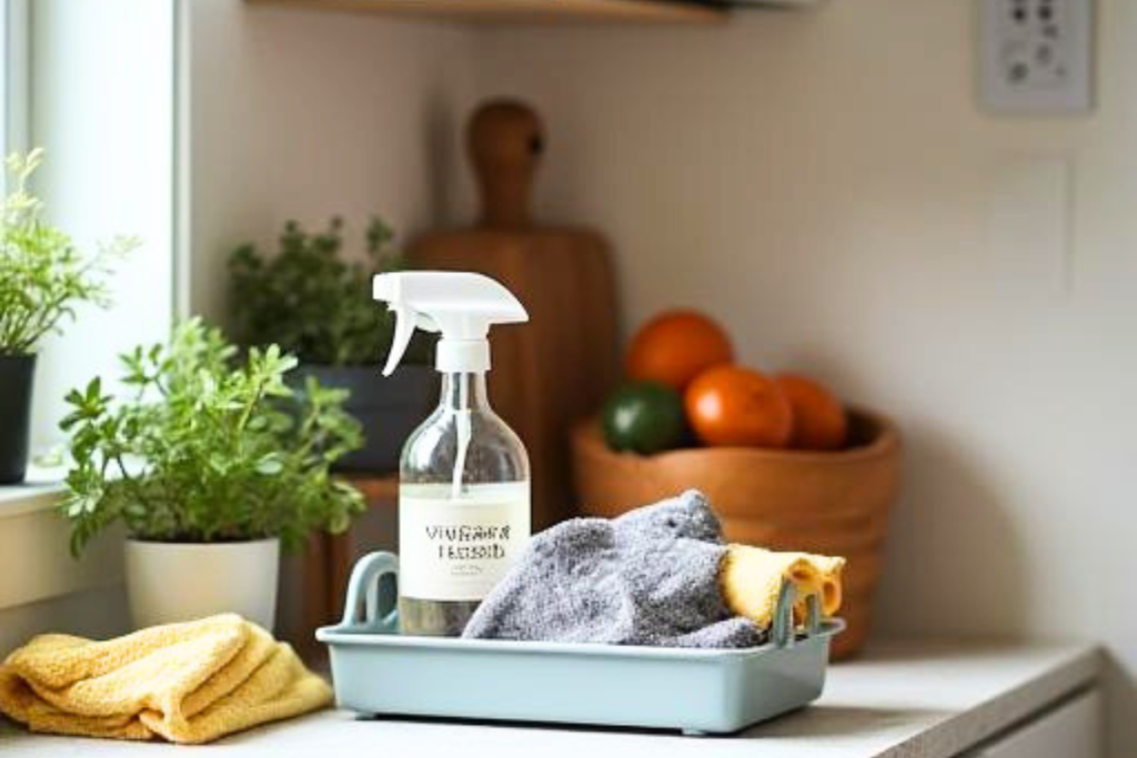 A cozy clean small (galley‑style) kitchen with a cleaning caddy on a counter holding a labeled vinegar spray bottle and cloth.