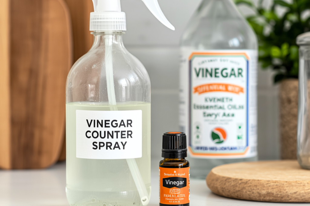 by gloved hands holding a spray bottle and a microfiber cloth to indicate Freshening a small kitchen sink and dish rack with a vinegar‑water mix.