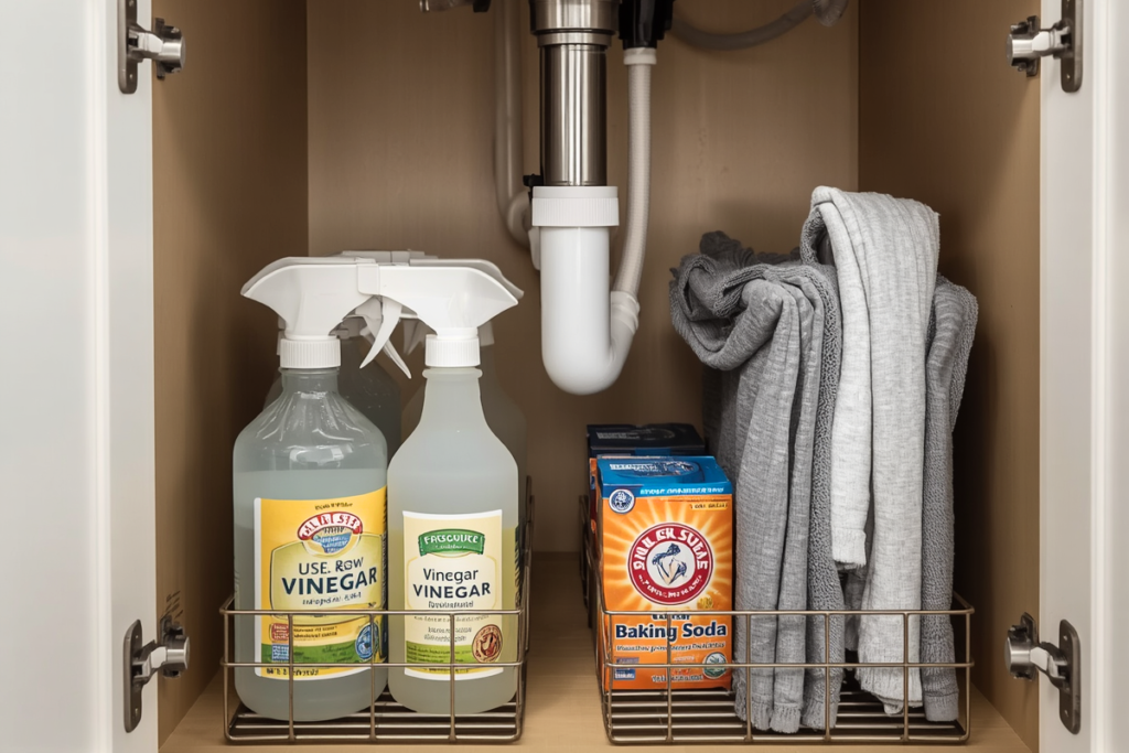 Under‑sink bottle organizer with vinegar, spray bottles, cloths and baking soda neatly stored to indicate an Under‑sink organizer holding vinegar cleaning supplies in a small apartment.