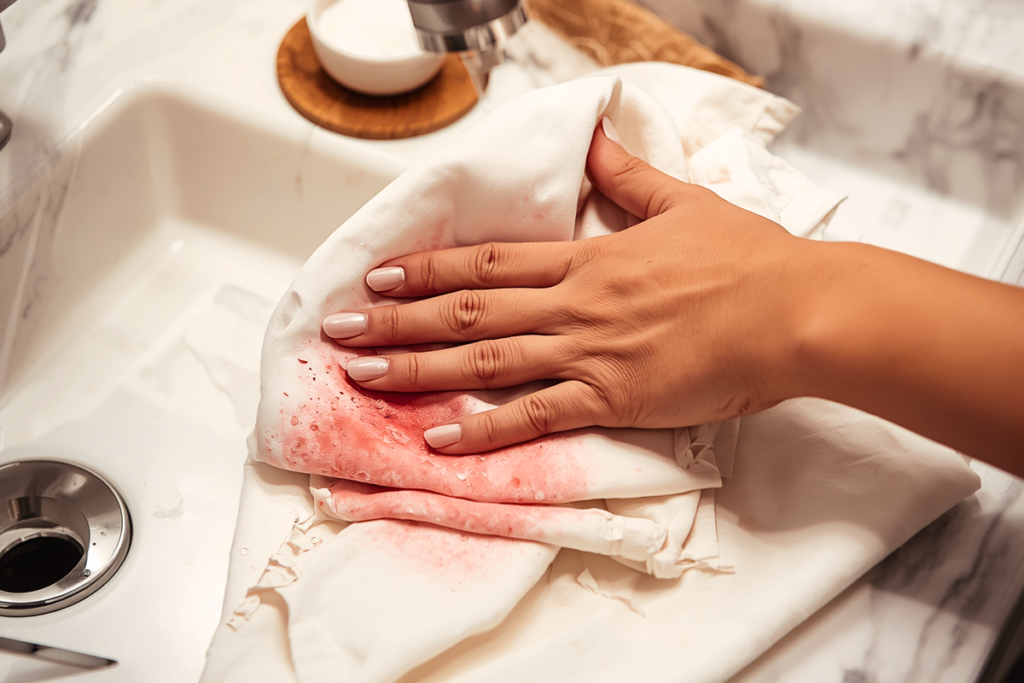 a woman's hand dabs at a wine stain on a blouse