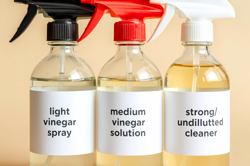 spray bottles of vinegar solutions labeled mild, medium, and strong/undiluted vinegar cleaners