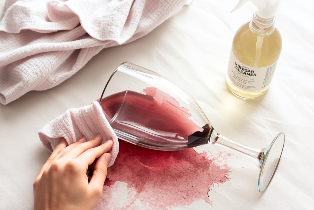 hand dabbing at spilled red wine from a tipped over glass on a cloth with a bottle of vinegar solution nearby