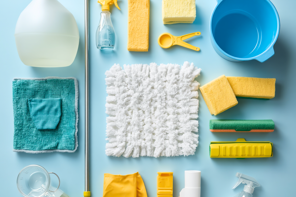 Flat lay of vinegar jug, spray bottles, microfiber cloths, baking soda, small brush, and an enzyme cleaner bottle.