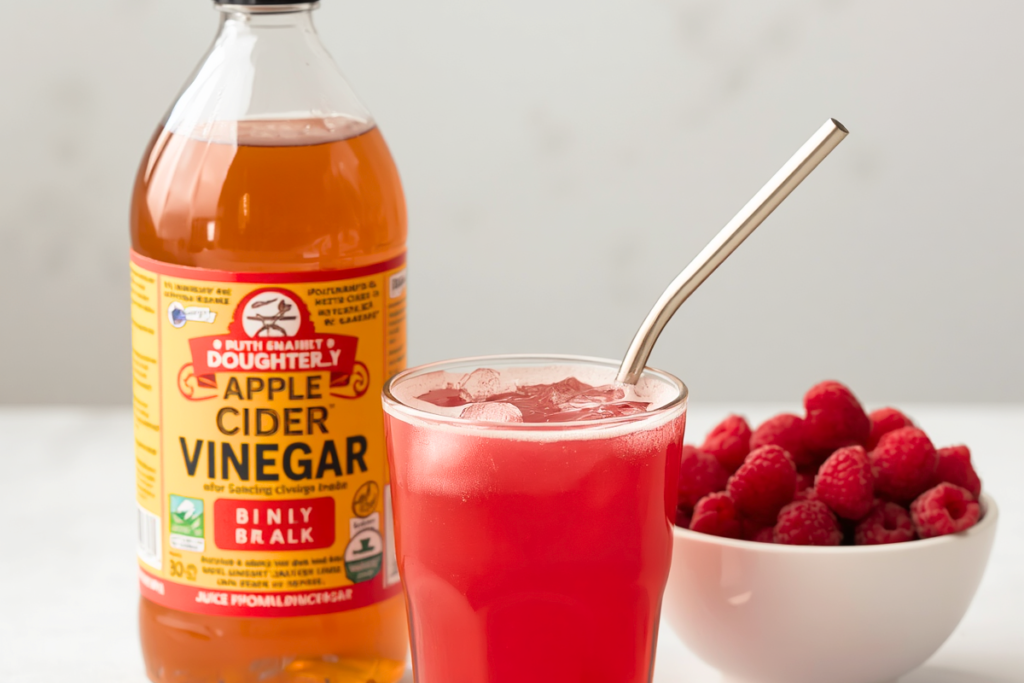 Bottle of apple cider vinegar and a glass with a metal straw containing a vinegar drink with a raspberry base
