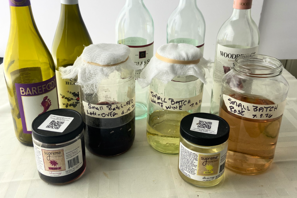 Food & Drink empty red, white, and rose wine bottles, jars of red wine, white wine, and rose wine turning to vinegar and jars of red wine vinegar and white wine vinegar mothers.
