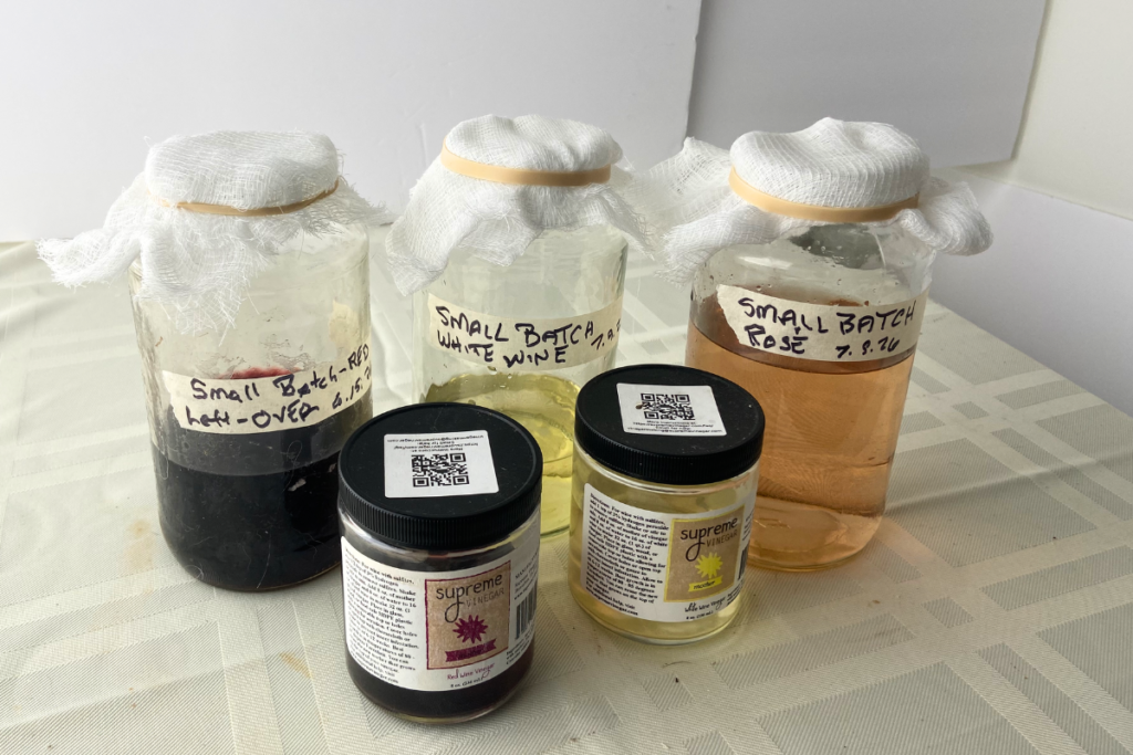 Jars of red wine, white wine, and rose wine covered with cheese cloth to allow air circulation and jars of red wine vinegar and white wine vinegar mothers.