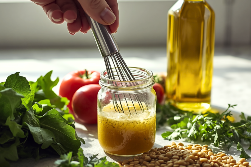 Hand whisking vinaigrette in a small jar beside greens, lentils, herbs, and olive oil.
