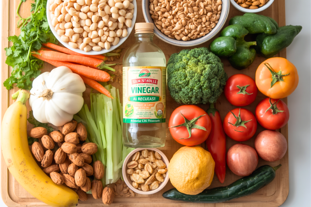 Beans, whole grains, vegetables, fruits, nuts, and seeds arranged around a bottle of vinegar that is sitting on a cutting board on a clean kitchen counter