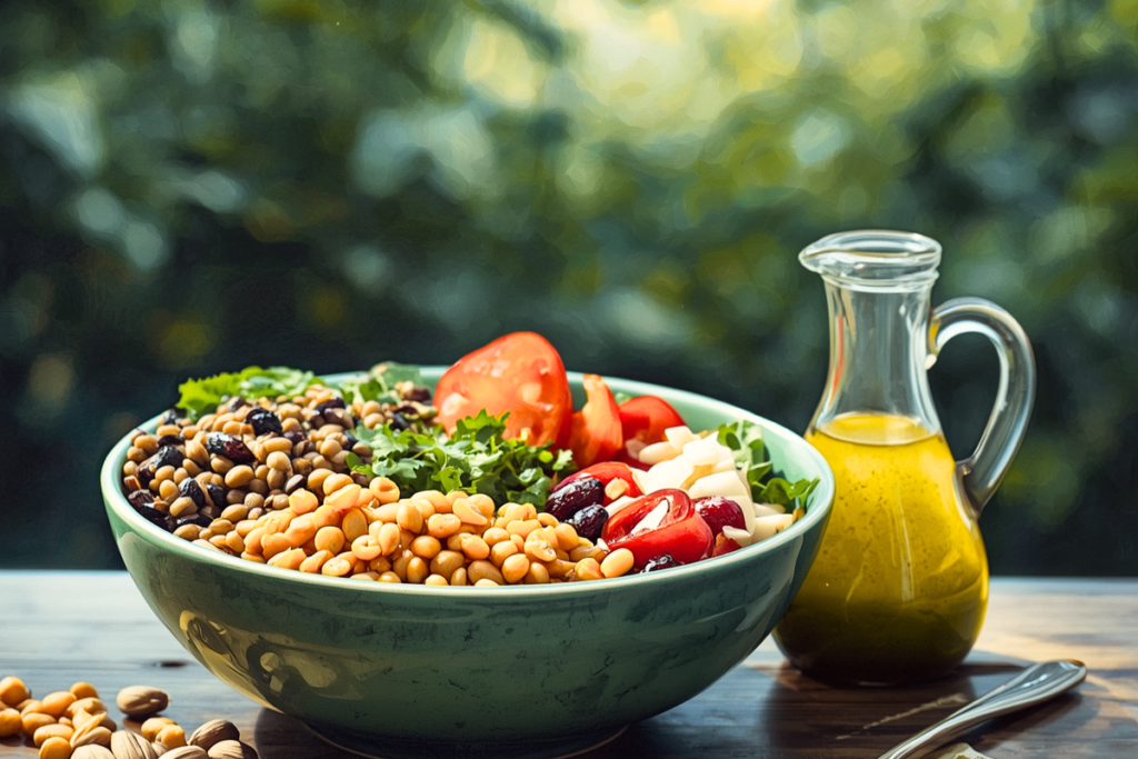 Beans, whole grains, vegetables, fruits, nuts, and seeds arranged around a bottle of vinegar that is sitting on a cutting board on a clean kitchen counter