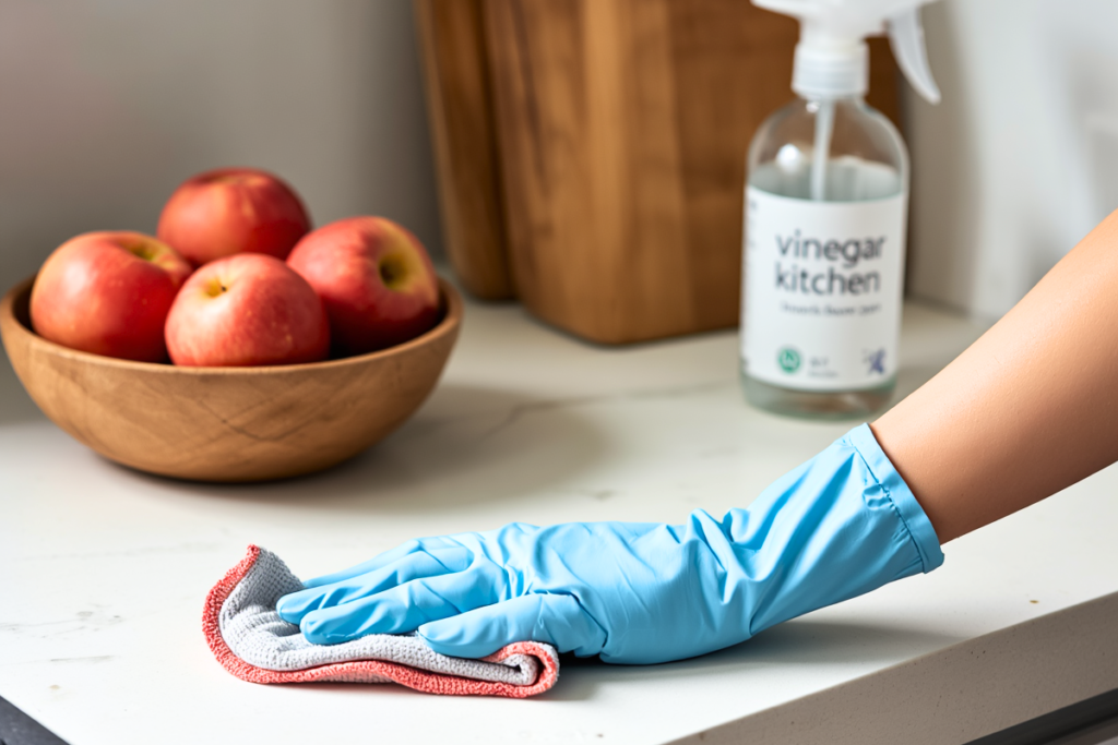 A compact kitchen counter that has a wooden bowl containing a few ripe red apples in the background while the counter is being wiped with a gloved hand holding a microfiber cloth, with a labeled 'vinegar kitchen' spray bottle nearby.