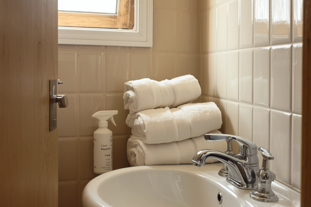 Small bathroom with clean ceramic sink, chrome faucet, folded towels and a labeled spray bottle and a small open window letting in daylight.