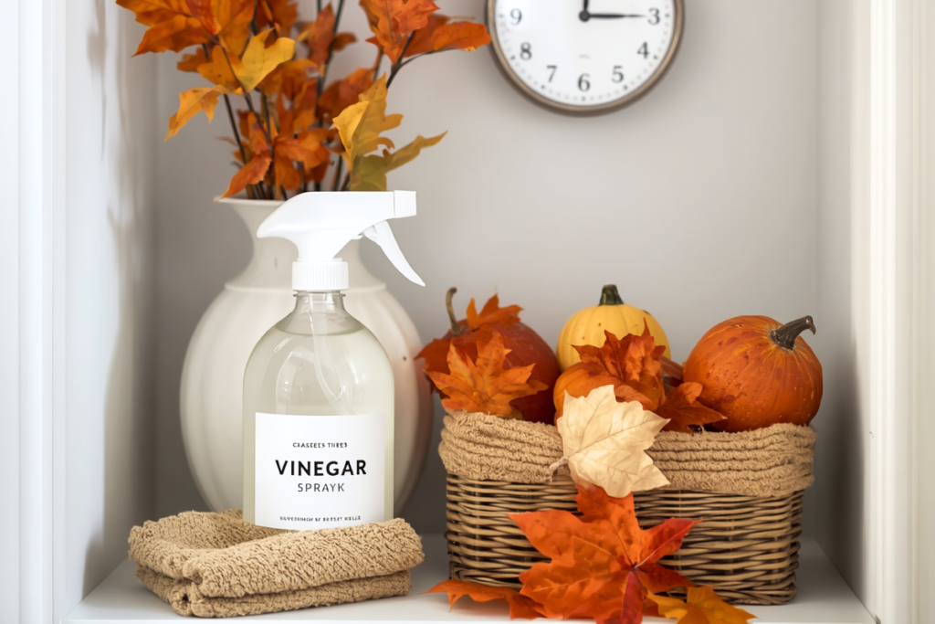 A bright, compact apartment entryway or kitchen as a result of autumn vinegar cleaning with a labeled vinegar spray bottle, microfiber cloth, autumn leaves, a small basket and warm fall accents.