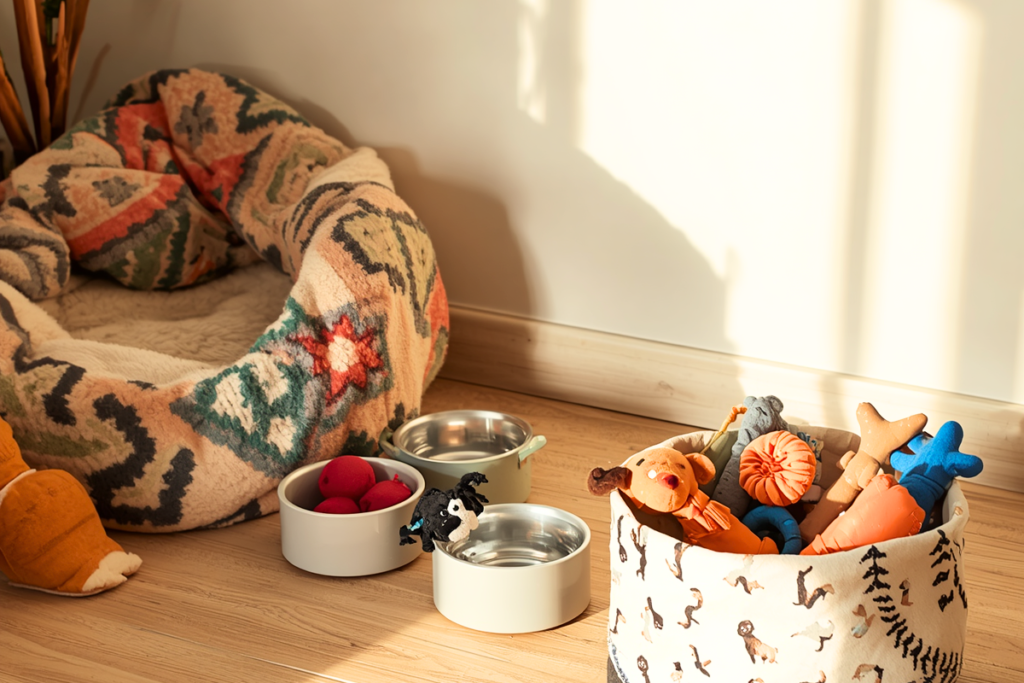 Small living room with washable throw, pet bed, food bowls and a storage basket containing a few dog chew toys.
