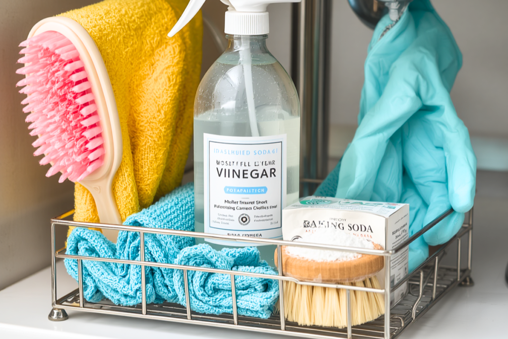 Small apartment autumn vinegar cleaning kit with spray bottle, cloths, gloves and storage caddy