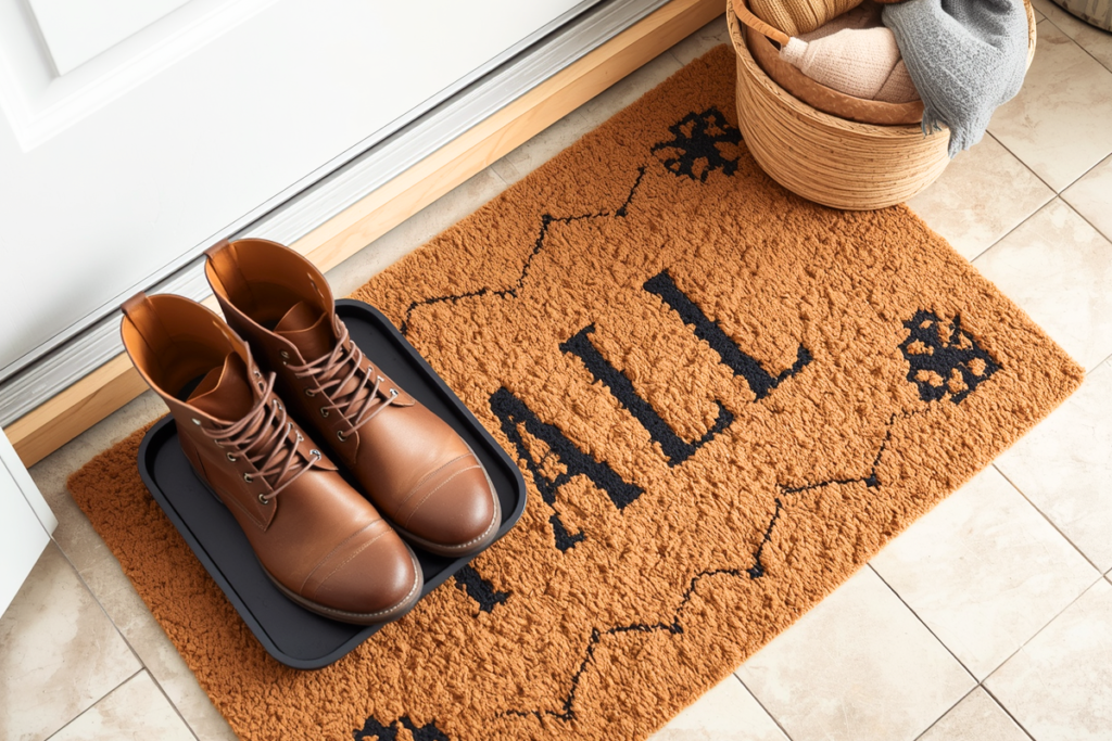 Organized apartment entryway with fall boots, shoe tray and washable mat; Fall boots on a tray, a washable door mat, small basket containing autumn hats and gloves, and a clean tile or vinyl floor.